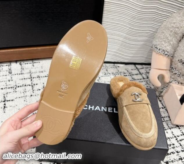 Low Cost Chanel Suede & Shearling Wool Flat Mules Beige 121097