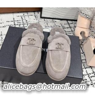 Best Grade Chanel Suede & Shearling Wool Flat Mules Grey 121098