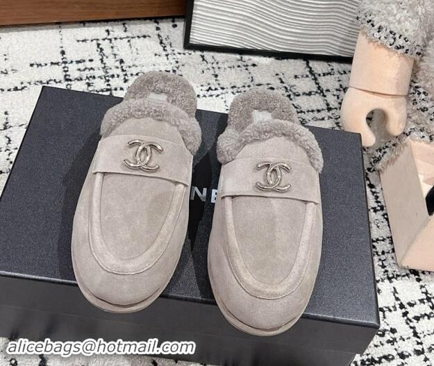 Best Grade Chanel Suede & Shearling Wool Flat Mules Grey 121098