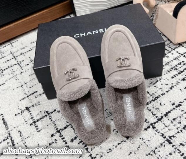 Best Grade Chanel Suede & Shearling Wool Flat Mules Grey 121098