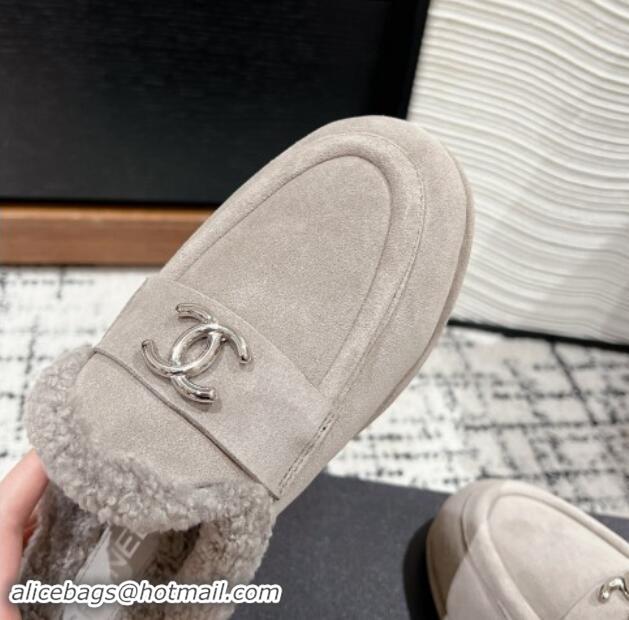 Best Grade Chanel Suede & Shearling Wool Flat Mules Grey 121098