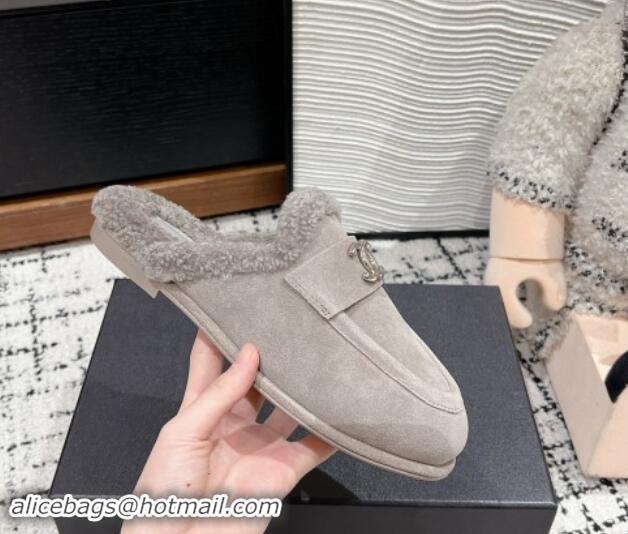 Best Grade Chanel Suede & Shearling Wool Flat Mules Grey 121098