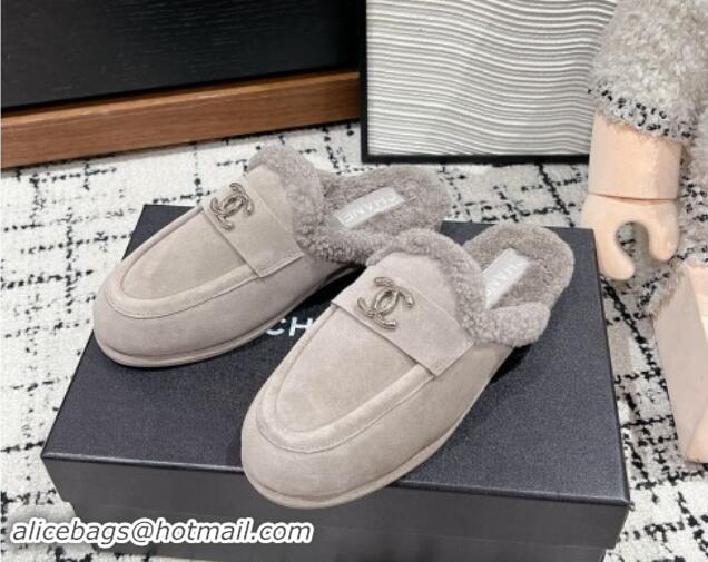 Best Grade Chanel Suede & Shearling Wool Flat Mules Grey 121098