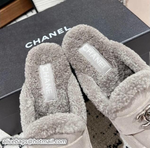 Best Grade Chanel Suede & Shearling Wool Flat Mules Grey 121098