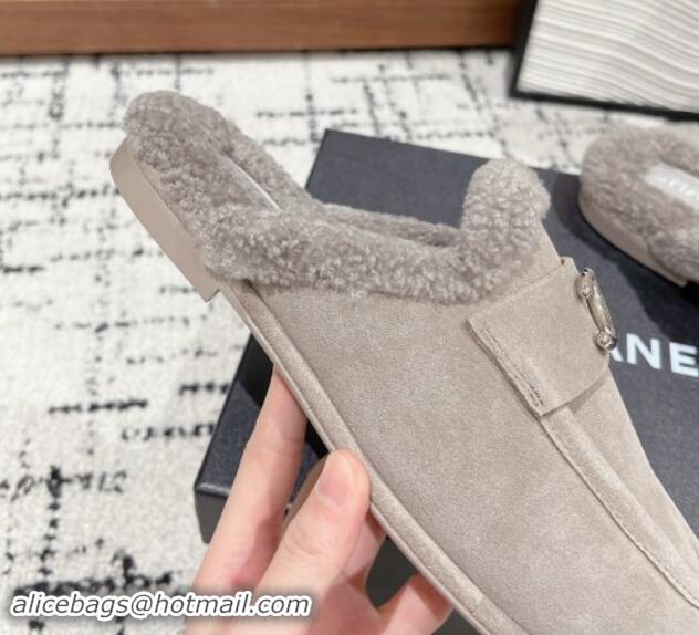 Best Grade Chanel Suede & Shearling Wool Flat Mules Grey 121098