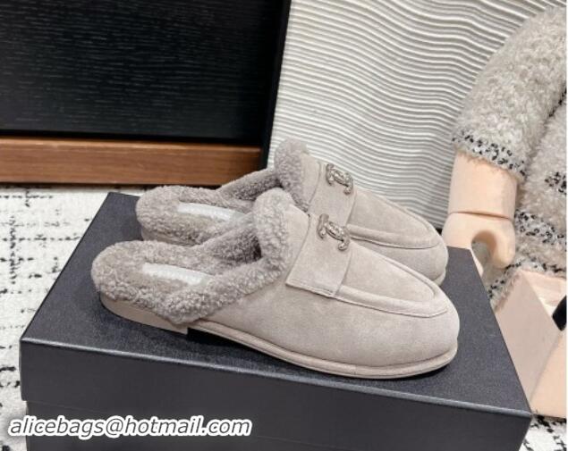 Best Grade Chanel Suede & Shearling Wool Flat Mules Grey 121098