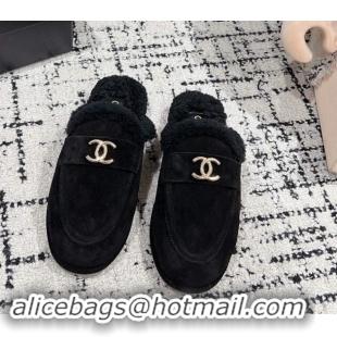 Perfect Chanel Suede & Shearling Wool Flat Mules Black 1121100