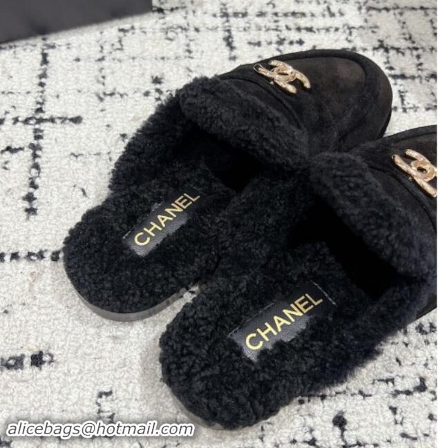 Perfect Chanel Suede & Shearling Wool Flat Mules Black 1121100