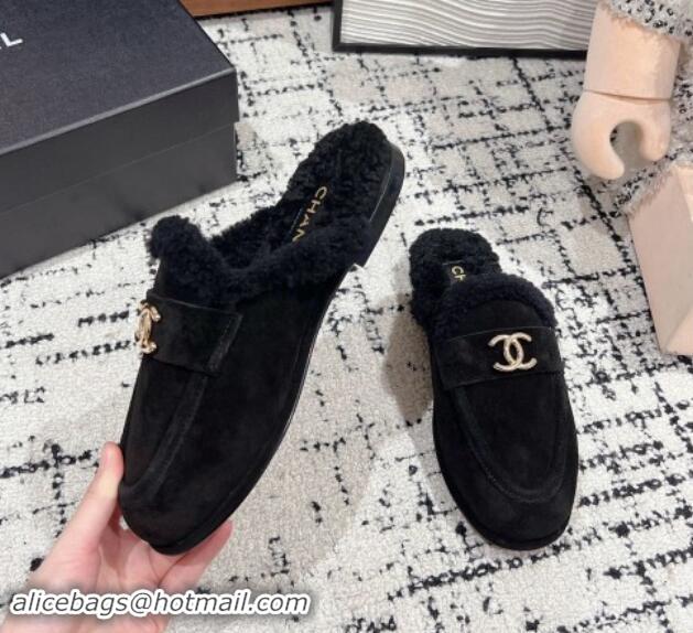 Perfect Chanel Suede & Shearling Wool Flat Mules Black 1121100