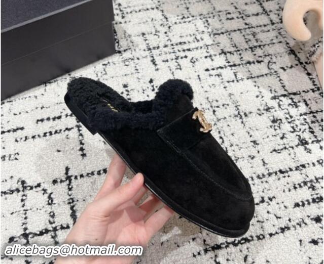 Perfect Chanel Suede & Shearling Wool Flat Mules Black 1121100