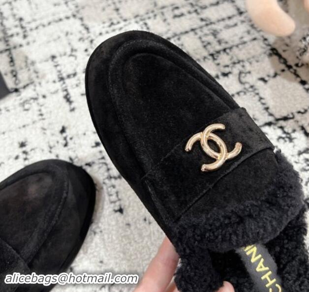 Perfect Chanel Suede & Shearling Wool Flat Mules Black 1121100