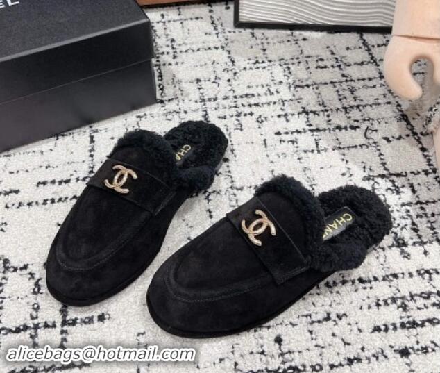 Perfect Chanel Suede & Shearling Wool Flat Mules Black 1121100