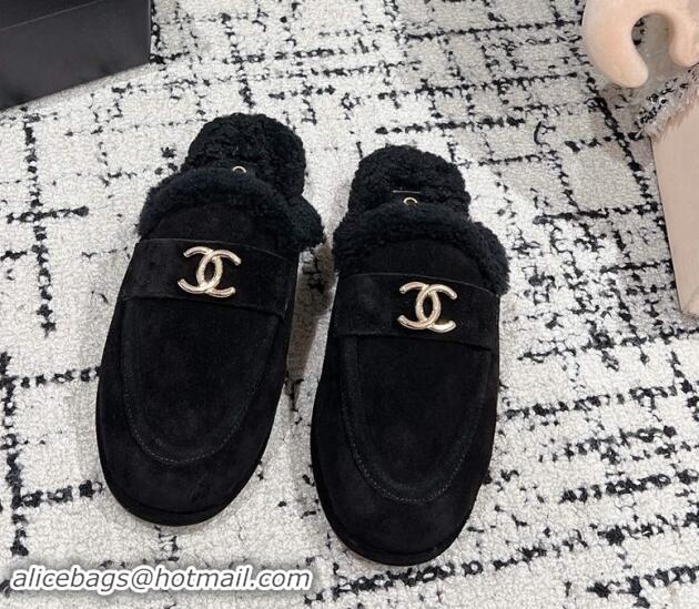 Perfect Chanel Suede & Shearling Wool Flat Mules Black 1121100