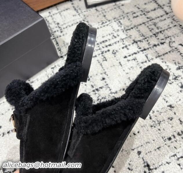 Perfect Chanel Suede & Shearling Wool Flat Mules Black 1121100