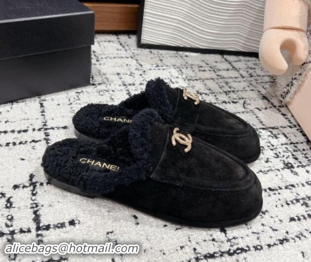 Perfect Chanel Suede & Shearling Wool Flat Mules Black 1121100