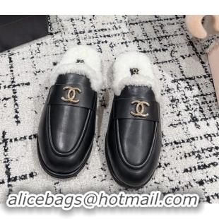 Good Looking Chanel Calfskin & Shearling Wool Flat Mules Black 121101