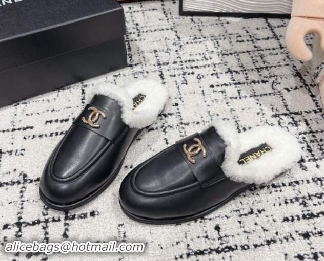 Good Looking Chanel Calfskin & Shearling Wool Flat Mules Black 121101