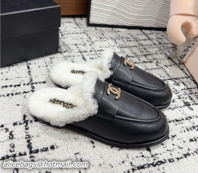 Good Looking Chanel Calfskin & Shearling Wool Flat Mules Black 121101