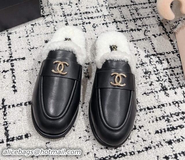 Good Looking Chanel Calfskin & Shearling Wool Flat Mules Black 121101