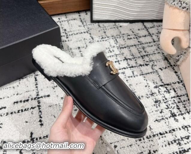 Good Looking Chanel Calfskin & Shearling Wool Flat Mules Black 121101