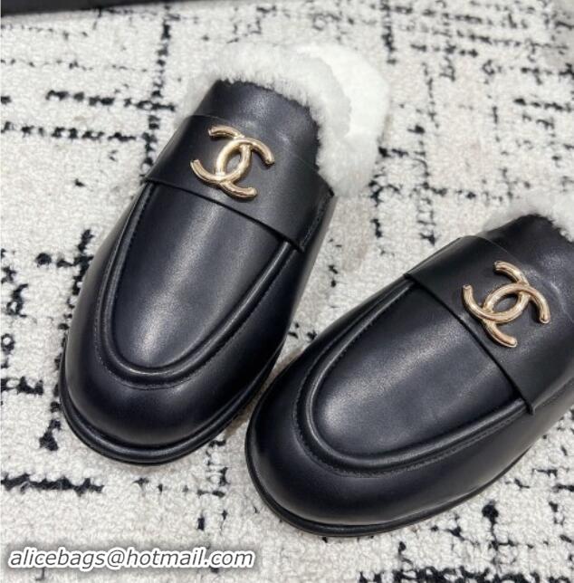 Good Looking Chanel Calfskin & Shearling Wool Flat Mules Black 121101