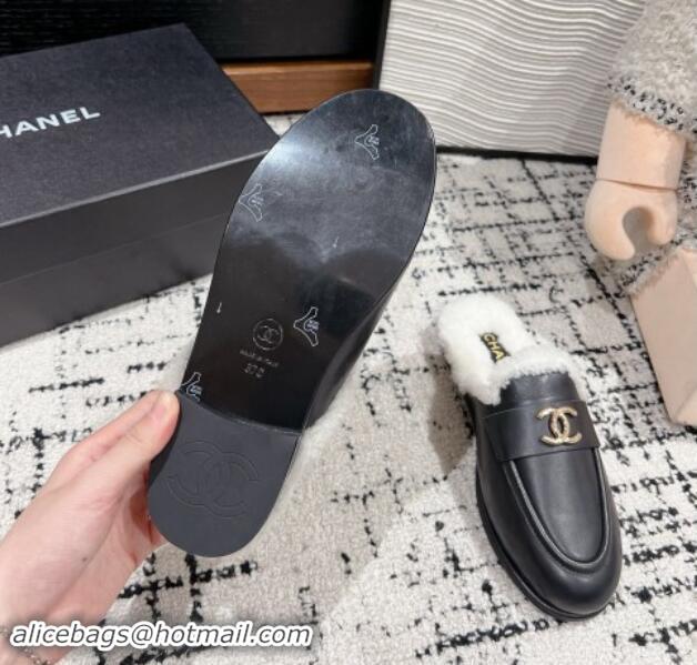 Good Looking Chanel Calfskin & Shearling Wool Flat Mules Black 121101