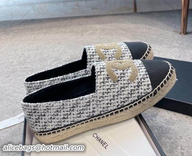 Most Popular Chanel Tweed Espadrilles Flat with Gold-Tone CC Black 121106