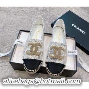 Trendy Design Chanel Tweed Espadrilles Flat with Gold-Tone CC White 121107