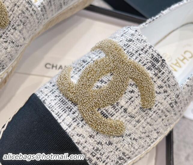 Trendy Design Chanel Tweed Espadrilles Flat with Gold-Tone CC White 121107