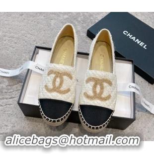 Shop Duplicate Chanel Tweed Espadrilles Flat with Gold-Tone CC Beige 1121108