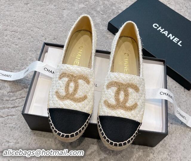 Shop Duplicate Chanel Tweed Espadrilles Flat with Gold-Tone CC Beige 1121108