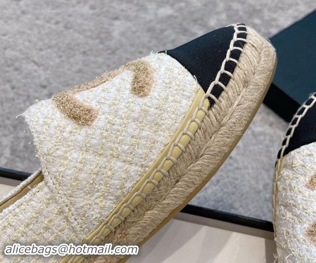 Shop Duplicate Chanel Tweed Espadrilles Flat with Gold-Tone CC Beige 1121108