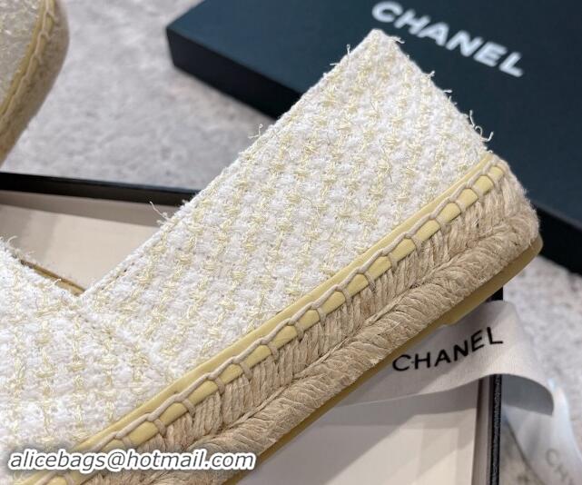 Shop Duplicate Chanel Tweed Espadrilles Flat with Gold-Tone CC Beige 1121108