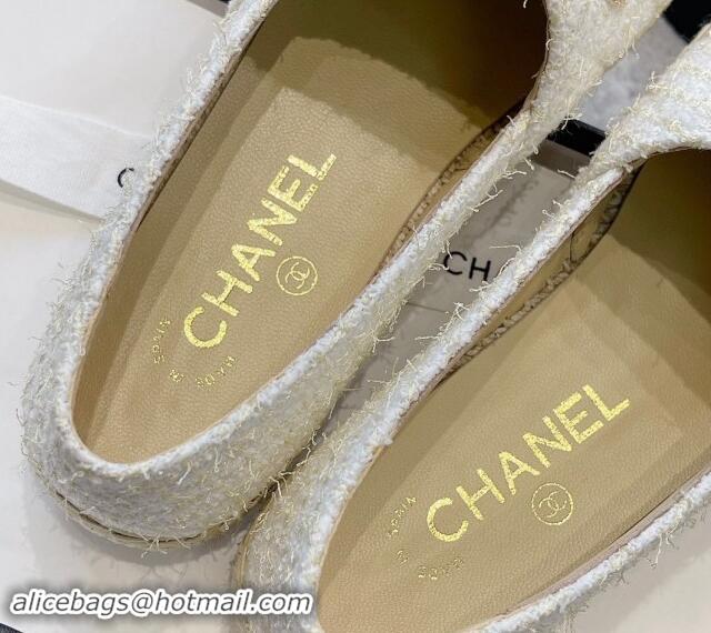 Shop Duplicate Chanel Tweed Espadrilles Flat with Gold-Tone CC Beige 1121108