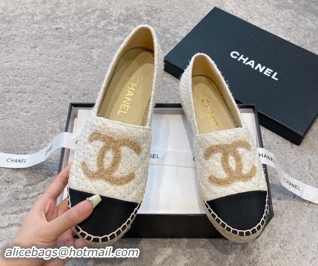 Shop Duplicate Chanel Tweed Espadrilles Flat with Gold-Tone CC Beige 1121108