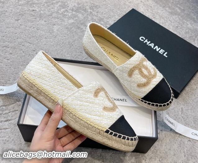 Shop Duplicate Chanel Tweed Espadrilles Flat with Gold-Tone CC Beige 1121108