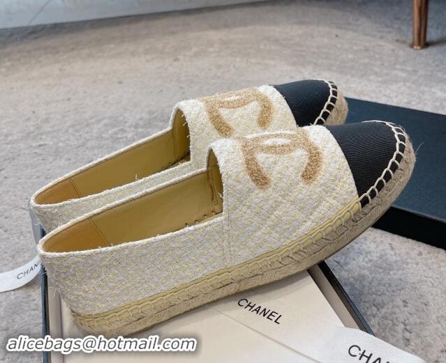 Shop Duplicate Chanel Tweed Espadrilles Flat with Gold-Tone CC Beige 1121108