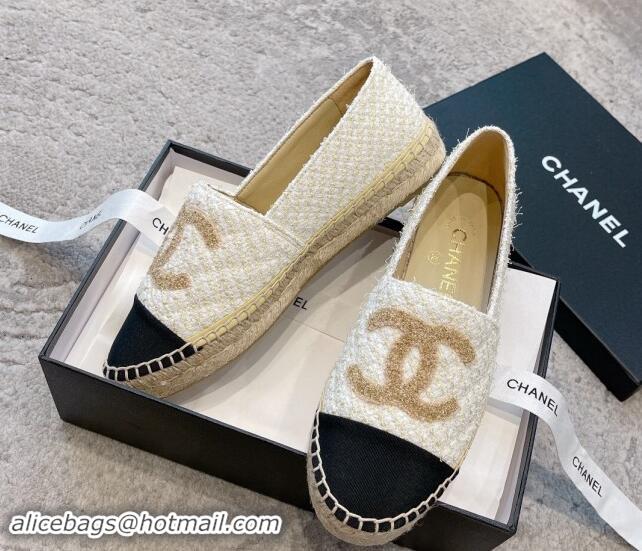 Shop Duplicate Chanel Tweed Espadrilles Flat with Gold-Tone CC Beige 1121108