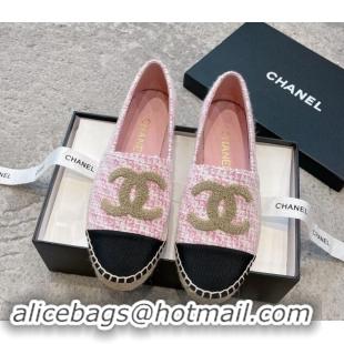 Duplicate Chanel Tweed Espadrilles Flat with Gold-Tone CC Light Pink 1121109