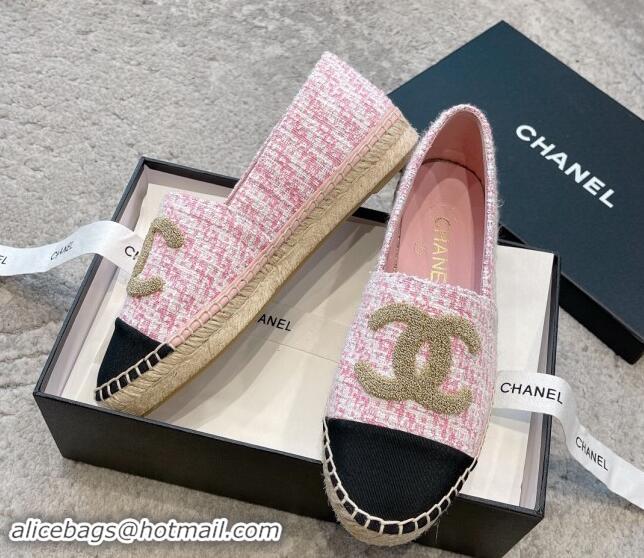 Duplicate Chanel Tweed Espadrilles Flat with Gold-Tone CC Light Pink 1121109