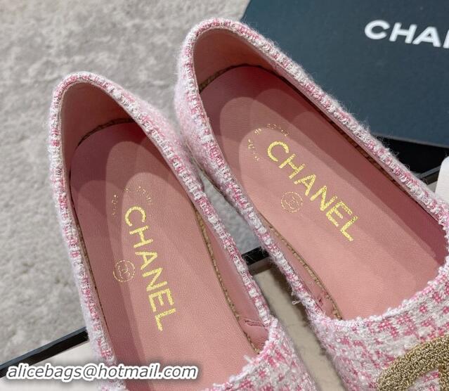 Duplicate Chanel Tweed Espadrilles Flat with Gold-Tone CC Light Pink 1121109