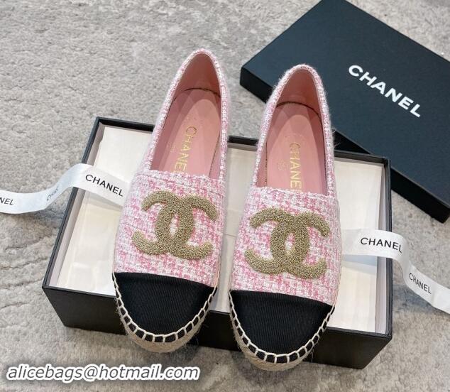 Duplicate Chanel Tweed Espadrilles Flat with Gold-Tone CC Light Pink 1121109