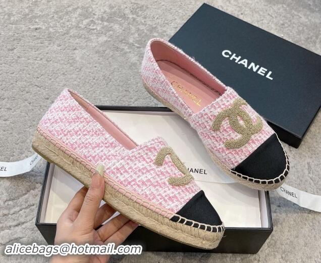 Duplicate Chanel Tweed Espadrilles Flat with Gold-Tone CC Light Pink 1121109