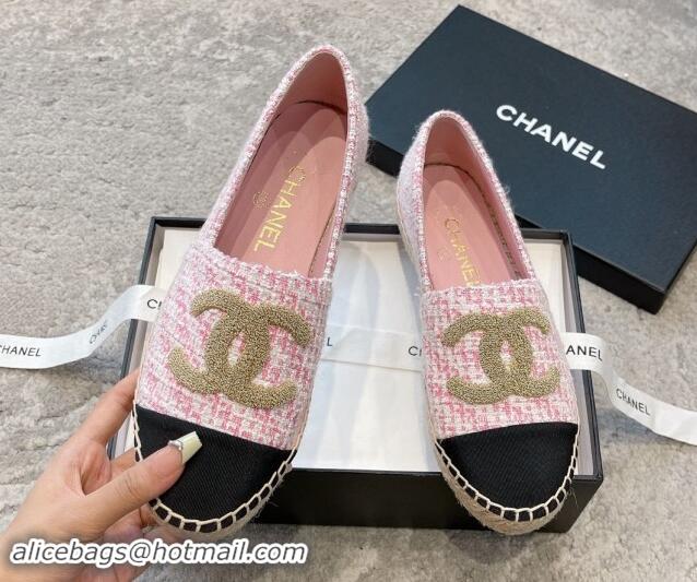 Duplicate Chanel Tweed Espadrilles Flat with Gold-Tone CC Light Pink 1121109