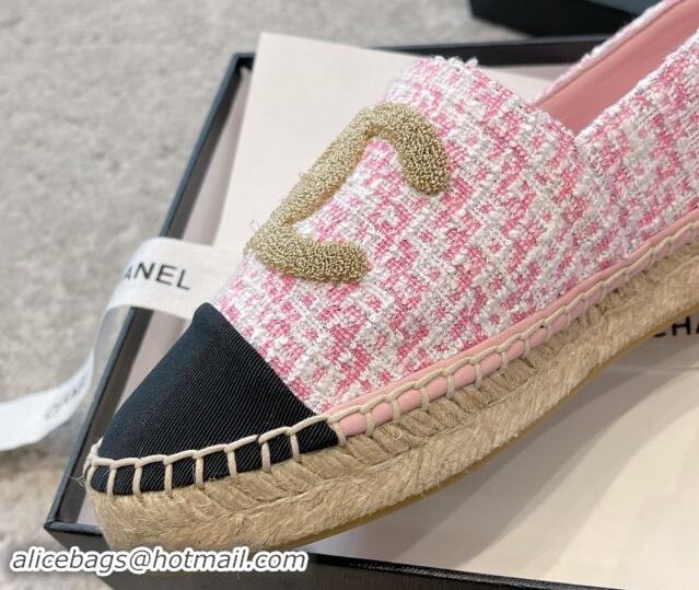 Duplicate Chanel Tweed Espadrilles Flat with Gold-Tone CC Light Pink 1121109