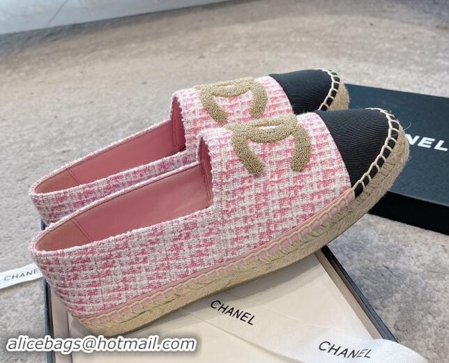 Duplicate Chanel Tweed Espadrilles Flat with Gold-Tone CC Light Pink 1121109