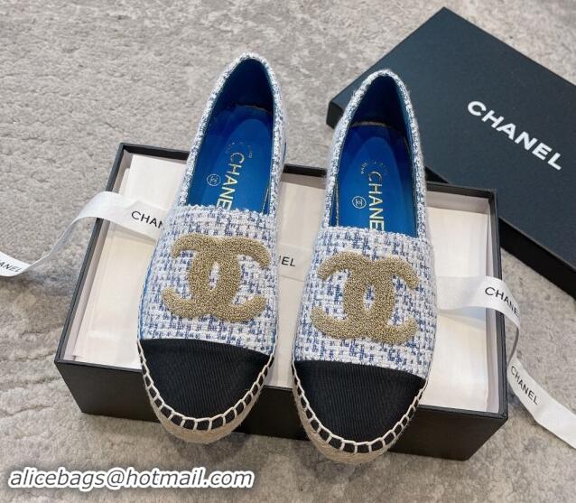 Unique Style Chanel Tweed Espadrilles Flat with Gold-Tone CC Sky Blue 1121110