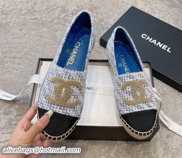 Unique Style Chanel Tweed Espadrilles Flat with Gold-Tone CC Sky Blue 1121110