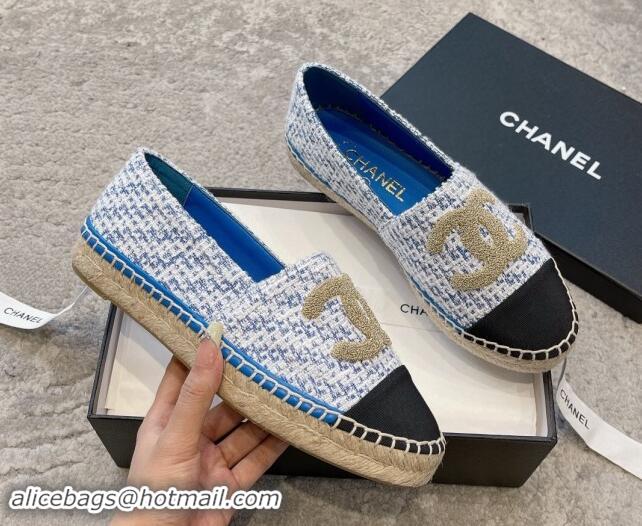 Unique Style Chanel Tweed Espadrilles Flat with Gold-Tone CC Sky Blue 1121110