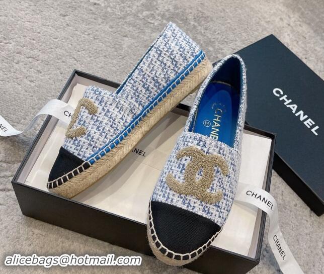 Unique Style Chanel Tweed Espadrilles Flat with Gold-Tone CC Sky Blue 1121110